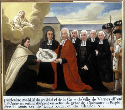 MM du Presidial et de la Commune de Vannes ofrecen a Santa Ana un niño de plata en acción de gracias por el nacimiento del delfín Luis de Francia (1729-1765), 7 de septiembre de 1729 - Ex-Voto Sainte Anne d