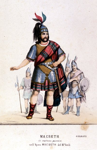 Personaje de Macbeth en un traje de guerrero en la ópera del mismo nombre de Giuseppe Verdi (1813 - 1901) después de la obra de William Shakespeare. 1847. Grabado. de Unknown artist