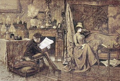 Madame Sulking, pareja, él está leyendo el periódico y ella está sentada en el sofá y está ofendida de Unknown artist
