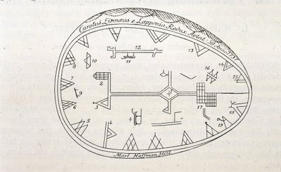 Tambor mágico de los chamanes en Laponia, ilustración de un libro sobre el viaje de Linneo de Unknown artist