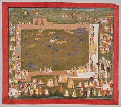 Maharana Sangram Singh II de Mewar (r. 1710-1734) y organiza una cacería de jabalíes con tigres en Sadri de Unknown artist