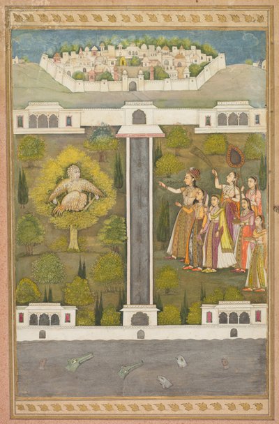 Mahliqa, hija del emperador de China, señalando al hombre pájaro Khwaja Mubarak: una hoja de un romance poético relacionado con Shah Alam I (anverso) de Unknown artist