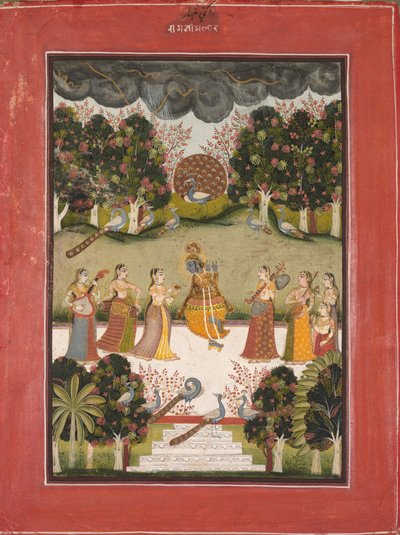 Malar Ragini: Krishna Playing the Flute to Seven Gopis Holding Musical Instruments, from the Ragamala Series de Unknown artist