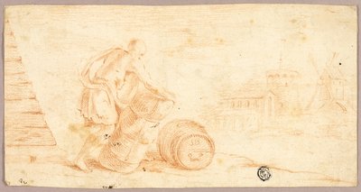 Hombre moviendo fardo, barril, con molino de viento en la distancia de Unknown artist