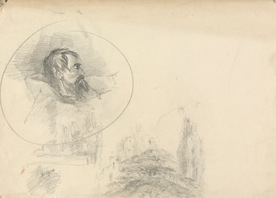 Hombre con capucha y paisaje de Unknown artist