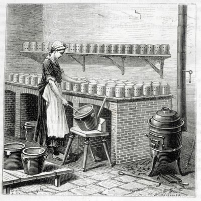 Fabricación de queso camembert (el cuajo se vierte en moldes) - en “Las maravillas de la industria” de Louis Figuier de Unknown artist