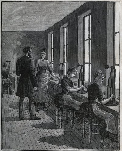 Fabricación de plumas de metal: taller de recorte en Francia en el siglo XIX. Grabado de 1885 en “Les arts et metiers illustres” por Adolphe BITARD. de Unknown artist