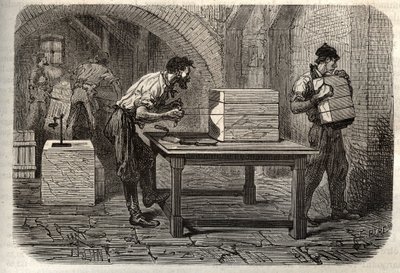 Fabricación de jabón - La industria del jabón - Corte de una barra de jabón de Marsella en barras, usando un alambre. Grabado en 
