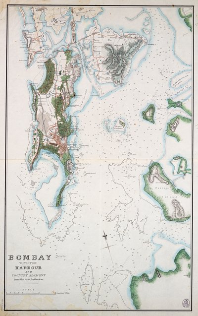 Mapa de Bombay con el puerto y el campo adyacente, también se muestra el Mar Arábigo y el Golfo Pérsico, c.1855 (tinta, acuarela) de Unknown artist
