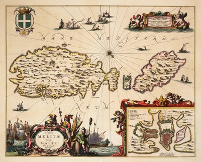 Mapa de Malta y Gozo, c.1650 (grabado coloreado) de Unknown artist