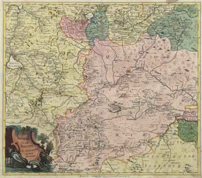 Mapa de la gobernación de Moscú y partes de las provincias más cercanas - Maestro anónimo - 1745 - Grabado en cobre, acuarela - Academia de Ciencias, San Petersburgo de Unknown artist