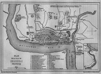 Mapa de la ciudad de Shanghái en 1860, vista de la Ciudad Vieja China y concesiones extranjeras en 1860. Mapa en “Le Tour du Monde, Nouveau journal des Voyages”, editado por Edouard Charton, París de Unknown artist