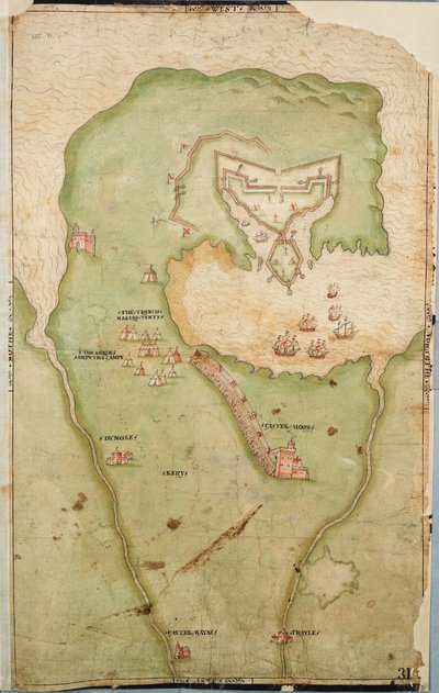 Mapa de Smerwick, Irlanda, que muestra el terraplén inglés con dos cañones para atacar el fuerte español y soldados ingleses marchando fuera de Castell Más información de Unknown artist