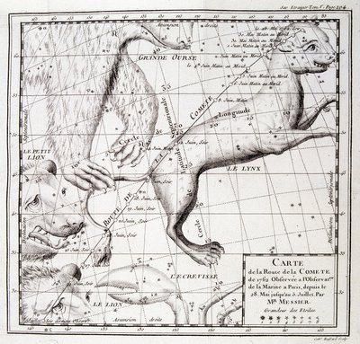 Mapa del camino del cometa de 1762 y mapa del cielo, observado por Messier de Unknown artist