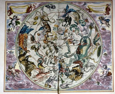 Mapa del cielo y signos del zodiaco - facsímil de una composición antigua que representa las constelaciones del cielo austral, según 