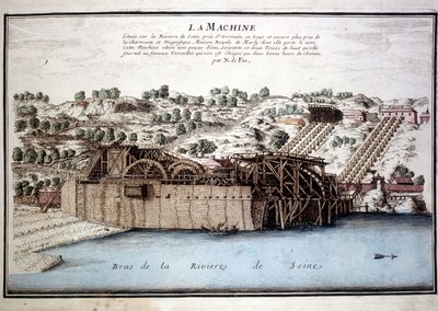 Máquina de Marly de Rennequin utilizada para llevar las aguas del Sena a Versalles a través del acueducto de Marly. Grabado de 1700. de Unknown artist