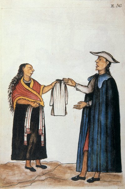 Arreglo matrimonial entre indios, negociación sobre el atuendo de la novia, del libro "Trujillo del Perú" o "Códice Martínez Compañón", por Baltazar Martínez Compañón y Bujanda, obispo de Trujillo (1782-1785) de Unknown artist