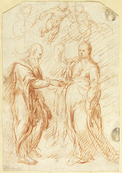Matrimonio de la Virgen (anverso); Bocetos de la mitad inferior del rostro de perfil (reverso) de Unknown artist