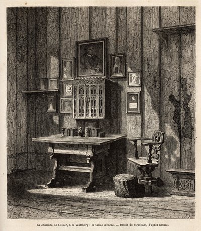 La habitación de Martín Lutero (1483-1546) en Wartburg donde se refugió tras su excomunión en 1521, con su retrato y los de sus padres sobre el escritorio, bajo cuyos ojos tradujo la Biblia al alemán y redactó sus textos más famosos de Unknown artist