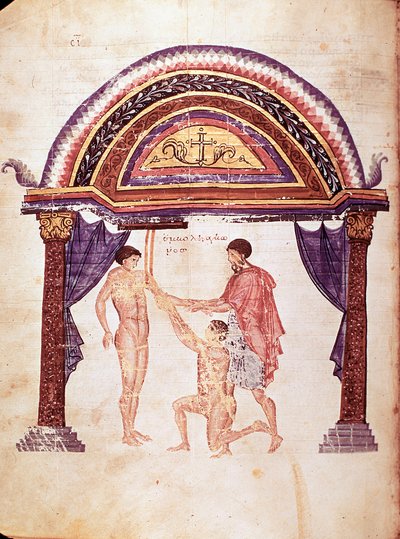 Medicina: reducción de un codo dislocado, el paciente es colgado por el brazo (manuscrito) de Unknown artist