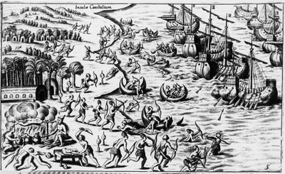Encuentro entre la gente de Cristóbal Colón y los Caníbales - en "Nova Tipus Transacto Navigatio Novi Orbi" de Philoponus Honorius de Unknown artist