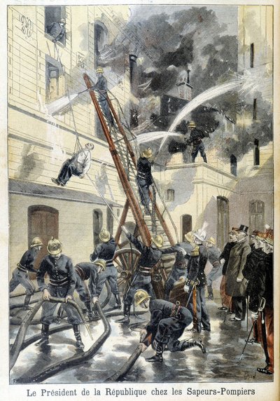 Encuentro del Presidente de la República Felix Faure con los bomberos durante una intervención contra un incendio. Ilustración del "pequeño periódico" de 1898 de Unknown artist