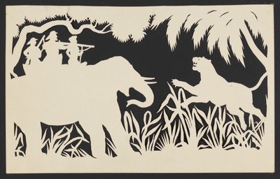 Hombres disparando a un tigre desde un elefante de Unknown artist