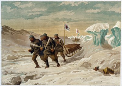 Hombres y trineo en el hielo - en “Las costas del mar polar, una narración de expedición ártica”, por el Dr. Edward Moos, Marcus Nard & Co, Londres de Unknown artist