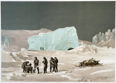Hombres y trineo en el hielo en "Las costas del mar polar, una narración de expedición ártica" de Dr. Edward Moos, Marcus Nard & Co, Londres de Unknown artist
