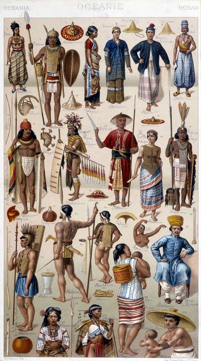 Hombres y mujeres representando a los diferentes pueblos de Oceanía. Grabado del siglo XIX de Unknown artist