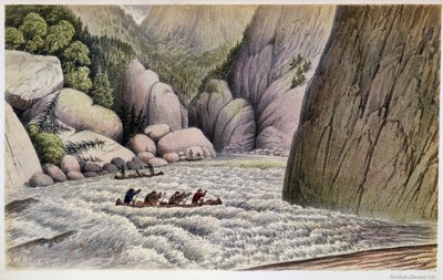 Hombres en canoa descendiendo rápidos: "An Escape at the Fourth Rapid" - en "Exploration of the Labrador Peninsula" de Hind, Londres de Unknown artist