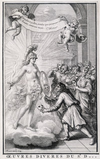 Hombres mirándose sin sus máscaras frente al espejo de la alegoría de la verdad. Grabado del siglo XVIII de Unknown artist