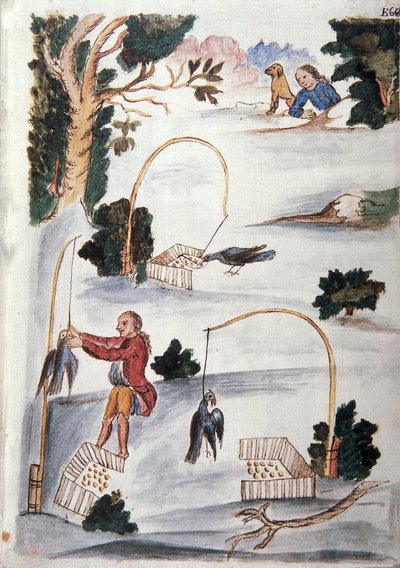 Método para atrapar pájaros con lazo, del libro "Trujillo del Perú" o "Códice Martínez Compañón", por Baltazar Martínez Compañón y Bujanda, obispo de Trujillo (1782-1785) de Unknown artist