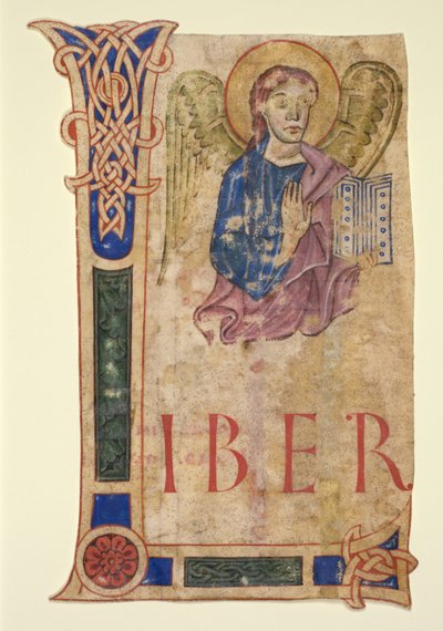 Miniatura extraída de un libro de evangelios: El símbolo de San Mateo (recto) y tablas canónicas (verso) de Unknown artist