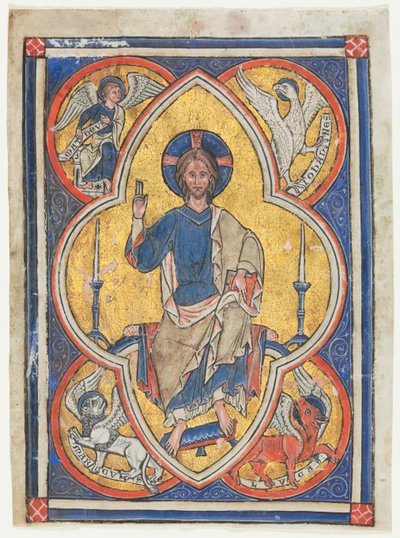 Miniatura extraída de un salterio: Cristo en majestad con símbolos de los cuatro evangelistas de Unknown artist