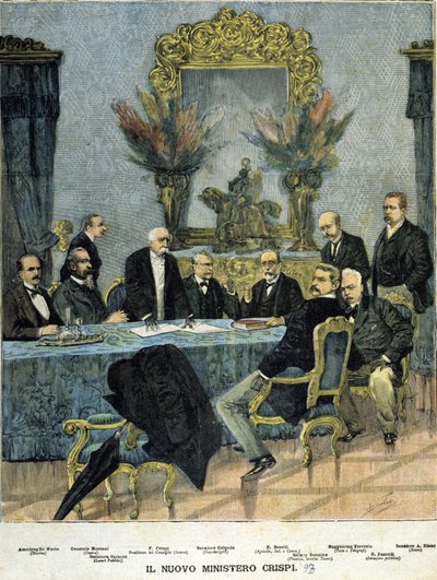 Ministros del nuevo gobierno "Crispi": de izquierda a derecha Almirante Morin, General Mocenni, Francesco Crispi, Senador Calenda, P. Boselli, Sidney Sonnino, Maggiorino Ferraris, G. Faccelli y Senador A. Blanc de Unknown artist