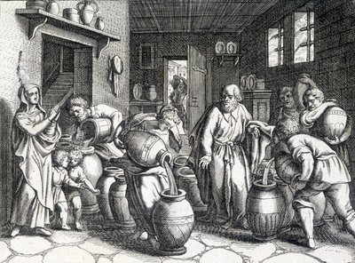 Milagro de Eliseo, profeta bíblico y discípulo de Elías que, con su manto, le transmite su espíritu y poderes. Grabado de 1724. de Unknown artist