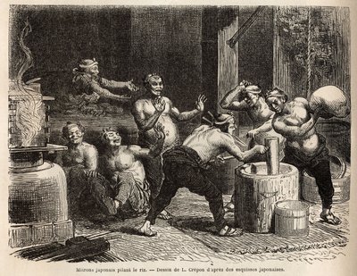 Mitrones golpeando arroz, antes de ser fermentado para hacer cerveza de arroz. Grabado para ilustrar el viaje a Japón, por Aime Humbert, ministro de la Confederación Suiza, en 1863-1864, publicado en “Le tour du monde” 1869, editado por Edouard Charton, e de Unknown artist