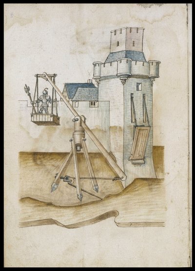 Sistema de paso de foso por palanca - Manuscrito: hoja de pergamino de un manual de ingeniero para la construcción de edificios civiles, religiosos y militares, anónimo, finales del siglo XV (figura en tinta china) de Unknown artist