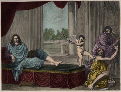 Molière Jean Baptiste Poquelin (1622-1673) evocando el Genio de la comedia para derribar el vicio y desenmascarar la hipocresía - Grabado después de una pintura que desapareció en el siglo XVII de Unknown artist
