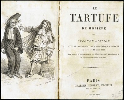 Molière asustando a un eclesiástico usando una máscara de teatro - Frontispicio de “Tartufo” de Molière, ed. Hingray, París de Unknown artist