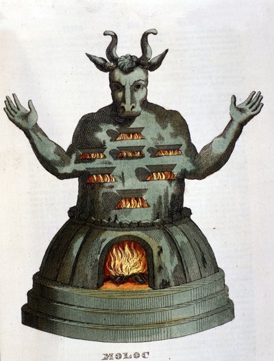 Moloch. Deidad antigua cartaginesa. Sacrificábamos a los niños arrojándolos a las llamas. Grabado del siglo XIX de Unknown artist