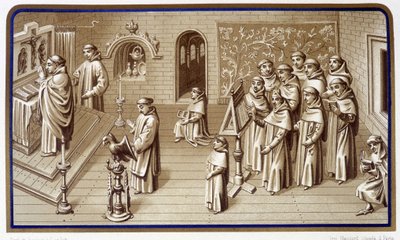 Monjes en una capilla del monasterio: oración y coro. Grisalla de los Milagros de Nuestra Señora. Cromolitografía. siglo XIX de Unknown artist