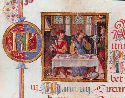 Mes de enero: escena de banquete. Miniatura del Breviario de Hércules (Ercole) I d