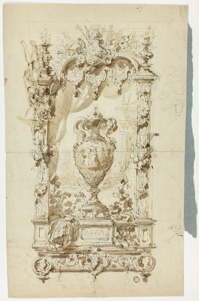 Jarrón monumental con marco ornamental (anverso); boceto de hombre de pie con sombrilla y loro, y estudios arquitectónicos (reverso). de Unknown artist