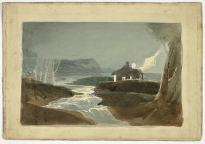 Luna sobre una cabaña junto a una cascada (anverso); torre y casa urbana con tejado de paja (reverso) de Unknown artist