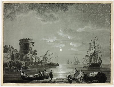 Escena nocturna en puerto pesquero de Unknown artist