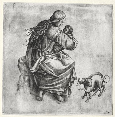 Madre e hijo con dos perros de Unknown artist