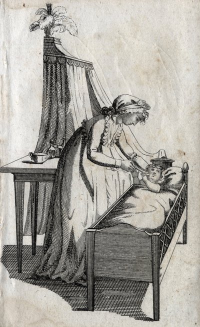 Madre y bebé en una cuna. Grabado de finales del siglo XVIII. Colección privada. de Unknown artist
