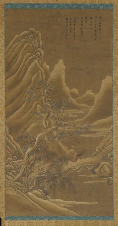 Montañas, un río y pinos—un hombre en un burro de Unknown artist